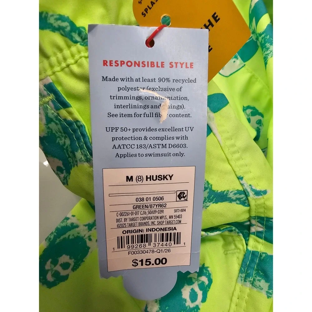 Cat & Jack Boys Surfing Dog Swim Trunks Green Polyester Size Medium Husky